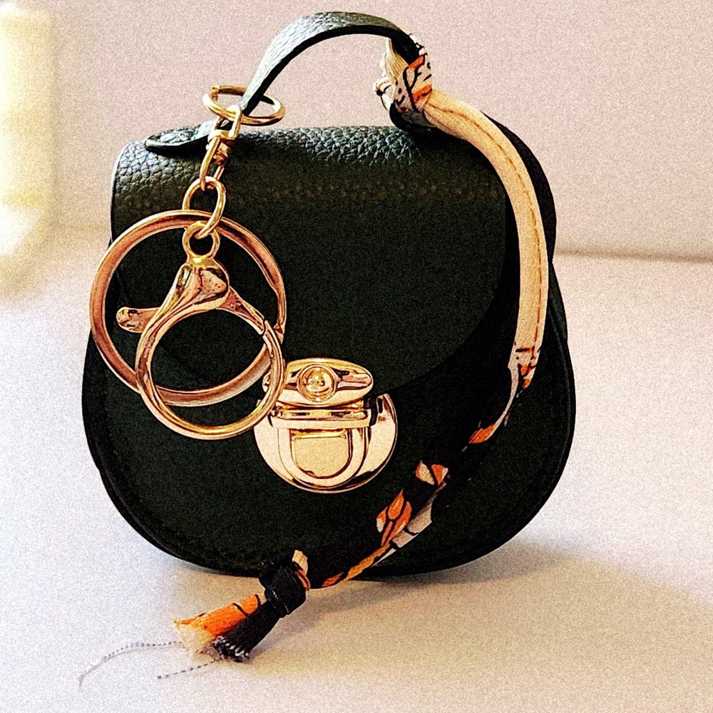 Dark Green Pebbled Mini Bag Keychain Charm Scarf Wrapped Handle Gold Hardware